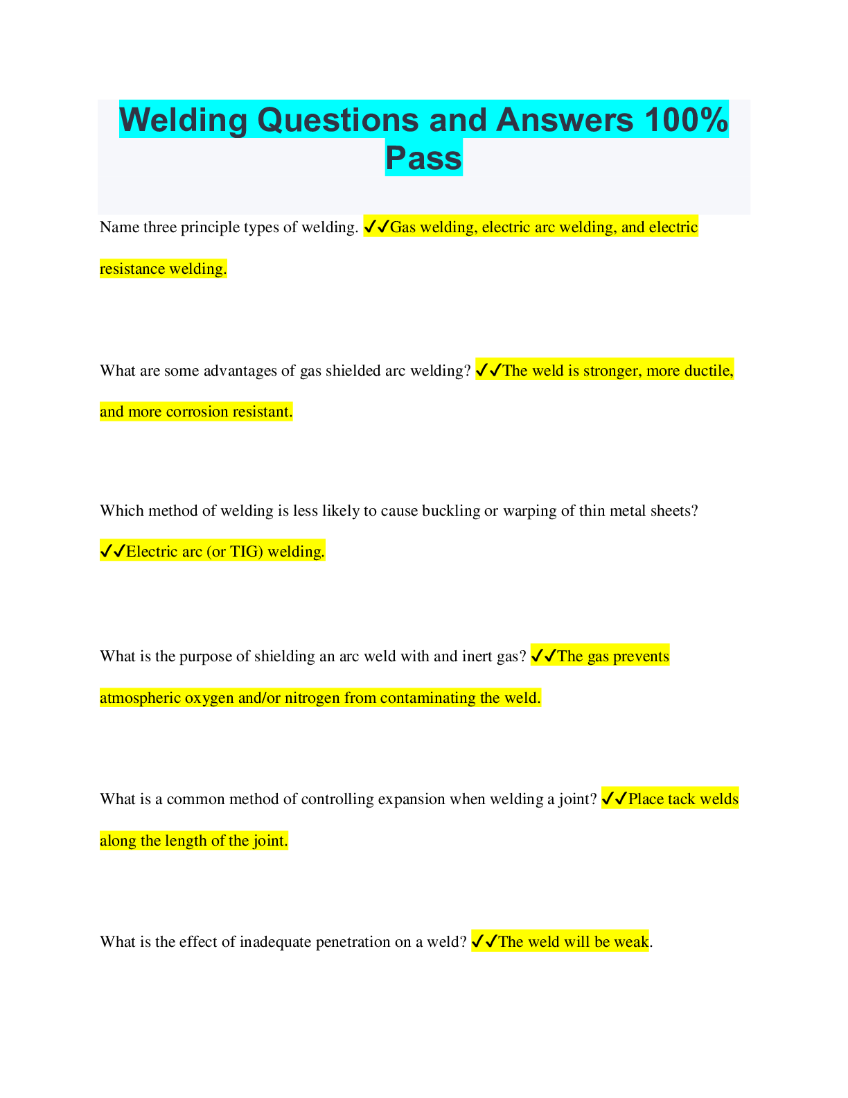 Welding Questions and Answers 100 Pass Browsegrades